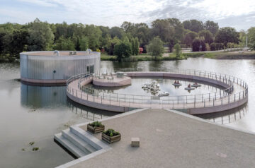 Studio Ossidiana Combines Three Tangential Rings To Create Pinkish Floating Art Pavilion In Almere