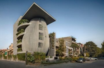 Atrey design studio’s tilted workspace in india resembles swaying trees