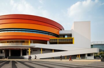 Winding ramps connect concentric plaza to auditorium at university campus in bangalore